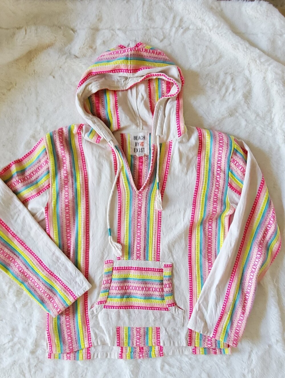 Beach By Exist Women's White Hooded Striped Baja Hoodie - Pink Multi